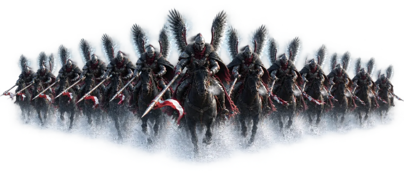 Barisan empat belas hussar bersayap menyerbu ke arah kamera, tombak berpanji merah putih diturunkan.