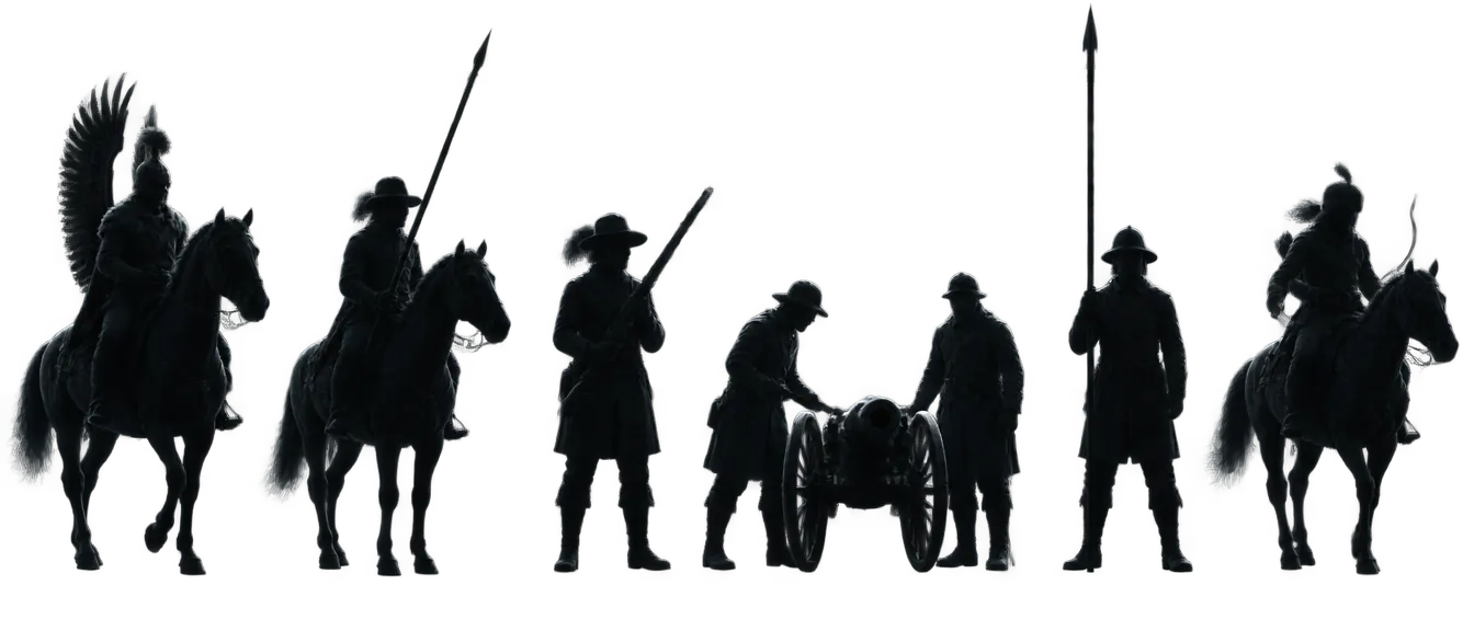Enam siluet unit berjajar: hussar bersayap, lancer ringan, musketeer, kru meriam, pikeman, pengintai berkuda.