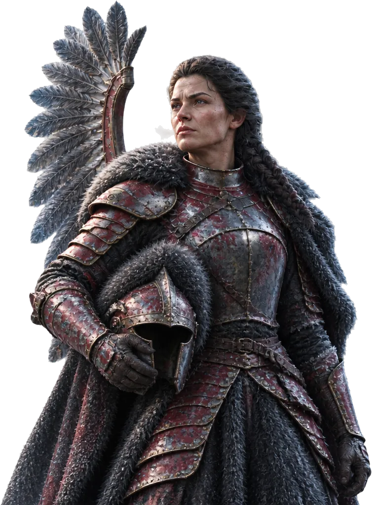 Zofia berdiri setelah pertempuran, helm di bawah lengan, rangka sayap bulu di bahu, embun beku di tepi zirah krimsonnya.